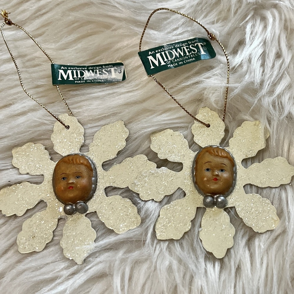 VTG Midwest Christmas Snowflake With Baby Doll Face Christmas Ornaments Set of 2